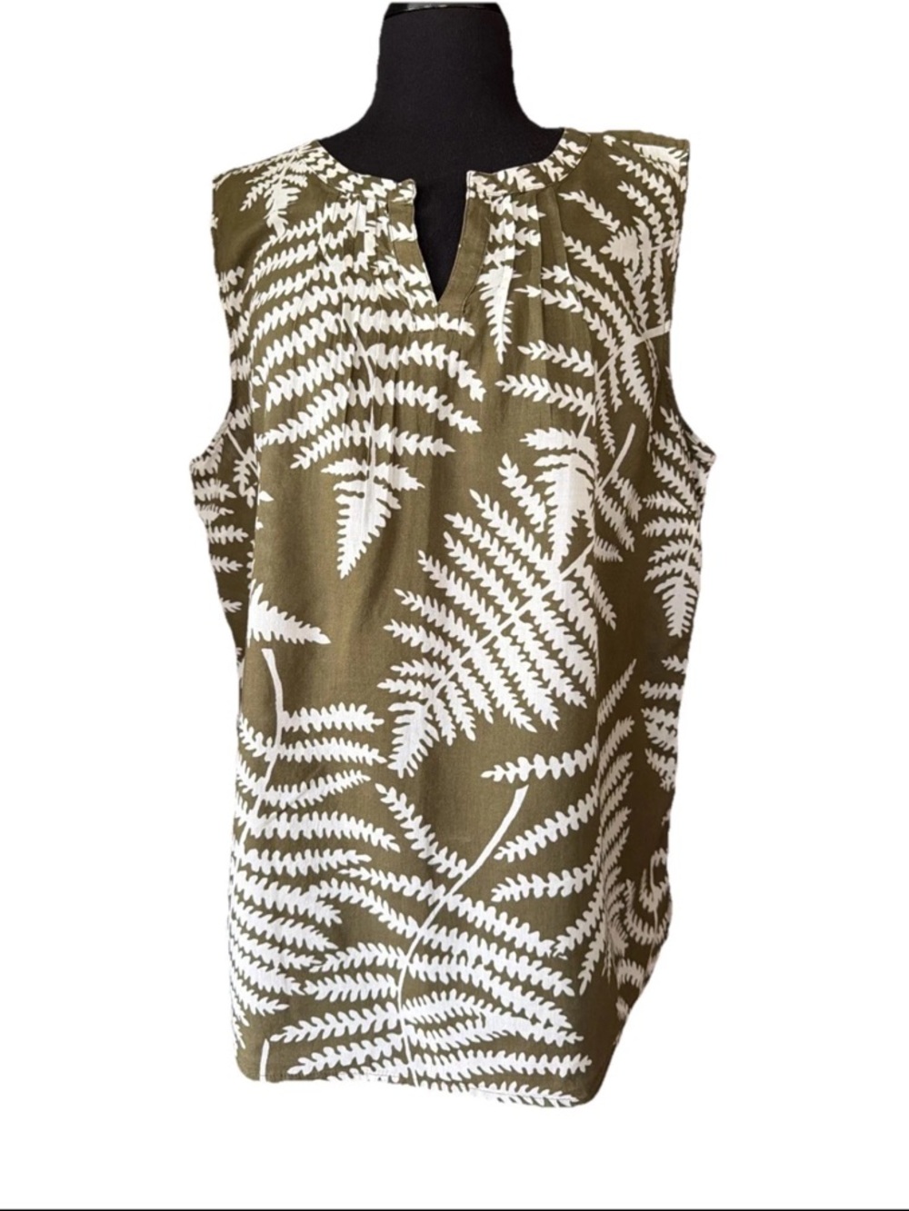 Talbots Green Fern Leaf Print Split Neck Sleeveless Tank Top Cotton Voile Sz XL